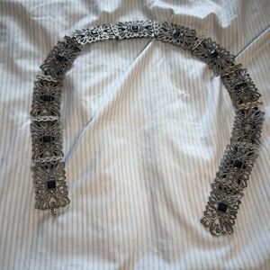 Coldwater Creek Marcasite w/ Black Glass & Rhinestone Buckle Silver Chain Belt